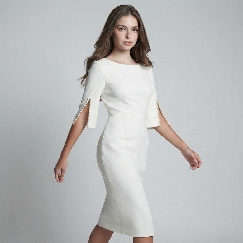 Beaded Slit-Sleeve Slim-Fit Midi Dress – Full Length View | Celina Studio