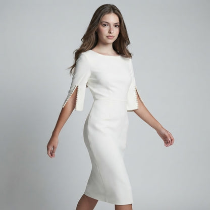 Beaded Slit-Sleeve Slim-Fit Midi Dress – Full Length View | Celina Studio