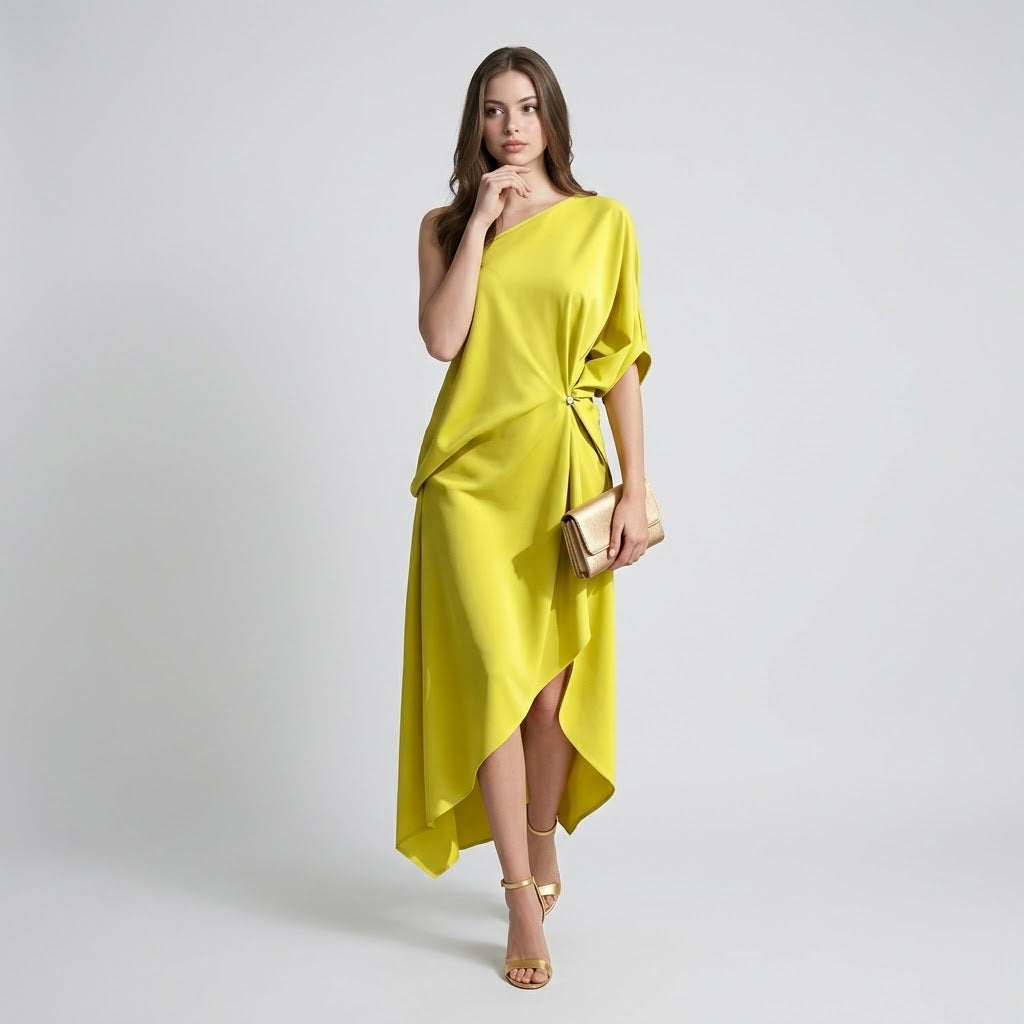 Woman modeling a yellow one-shoulder midi dress with draped wrap skirt, asymmetrical hem and short sleeve, holding a clutch.