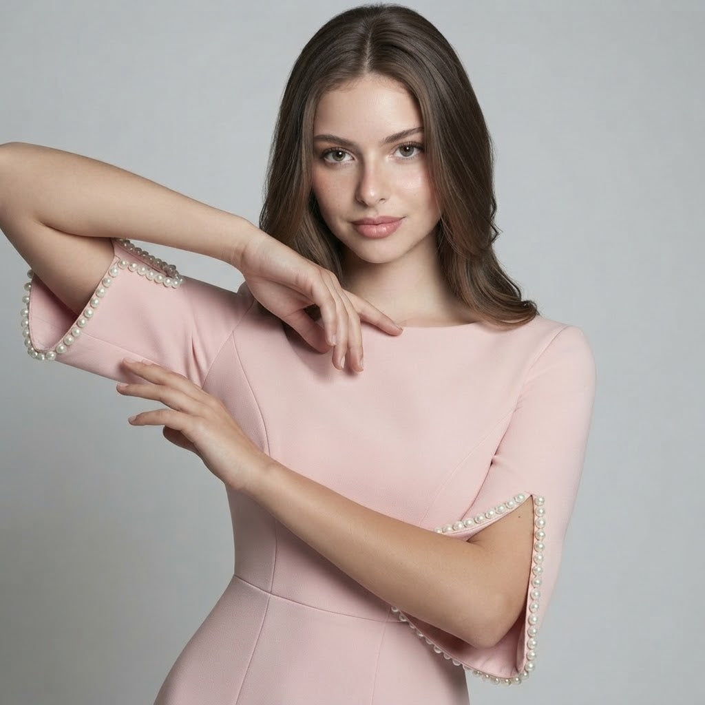 Beaded Slit-Sleeve Slim-Fit Midi Dress – Front View | Celina Studio