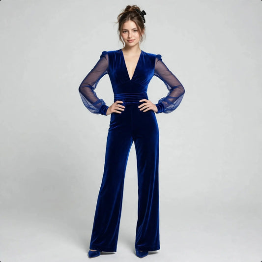 Velvet sheer-sleeve jumpsuit on model, front view