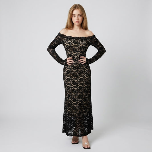 Off-Shoulder Lace Maxi Dress – Front View | Celina Studio