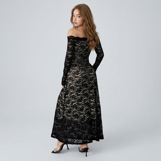 Off-Shoulder Lace Maxi Dress – Side View | Celina Studio