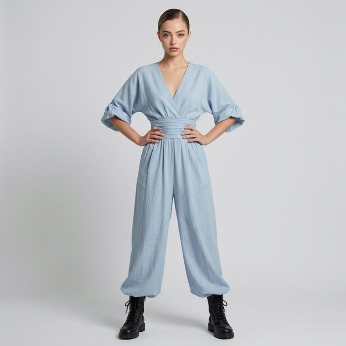 Half-Sleeve Wide-Leg Ruched Jumpsuit