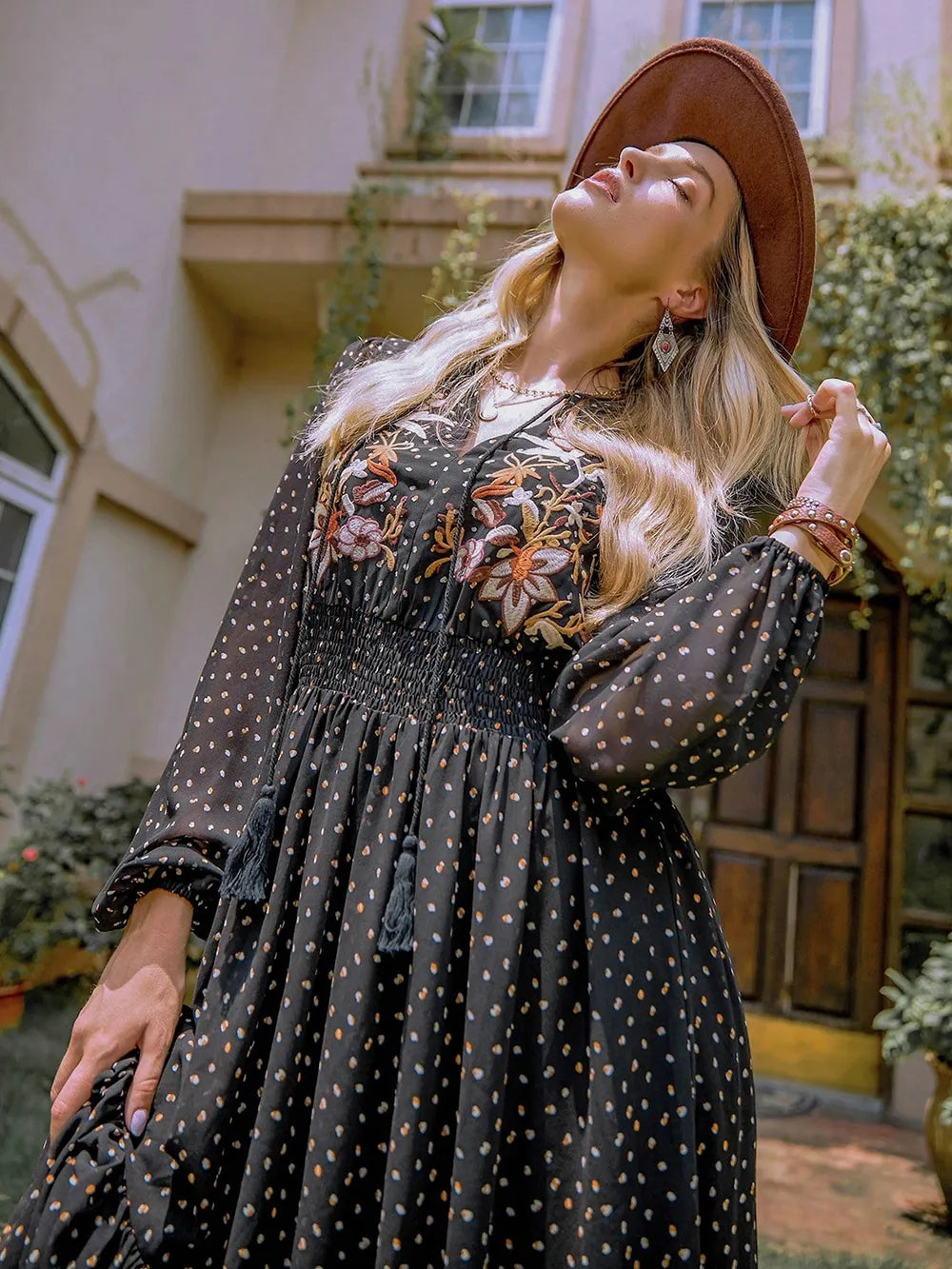 Embroidered Polka Dot Tie Neck Long Sleeve Midi Dress – Tie Neck Detail | Celina Studio