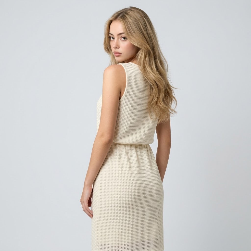 Back three-quarter view of a cream waffle-knit sleeveless mini dress with drawstring waist, white studio background.