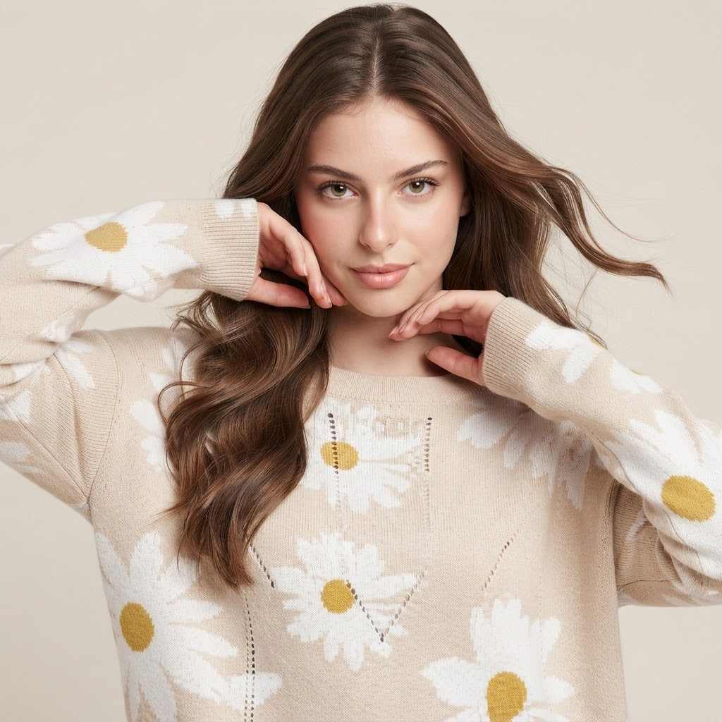 Angel Wings Daisy Print Openwork Round Neck Sweater