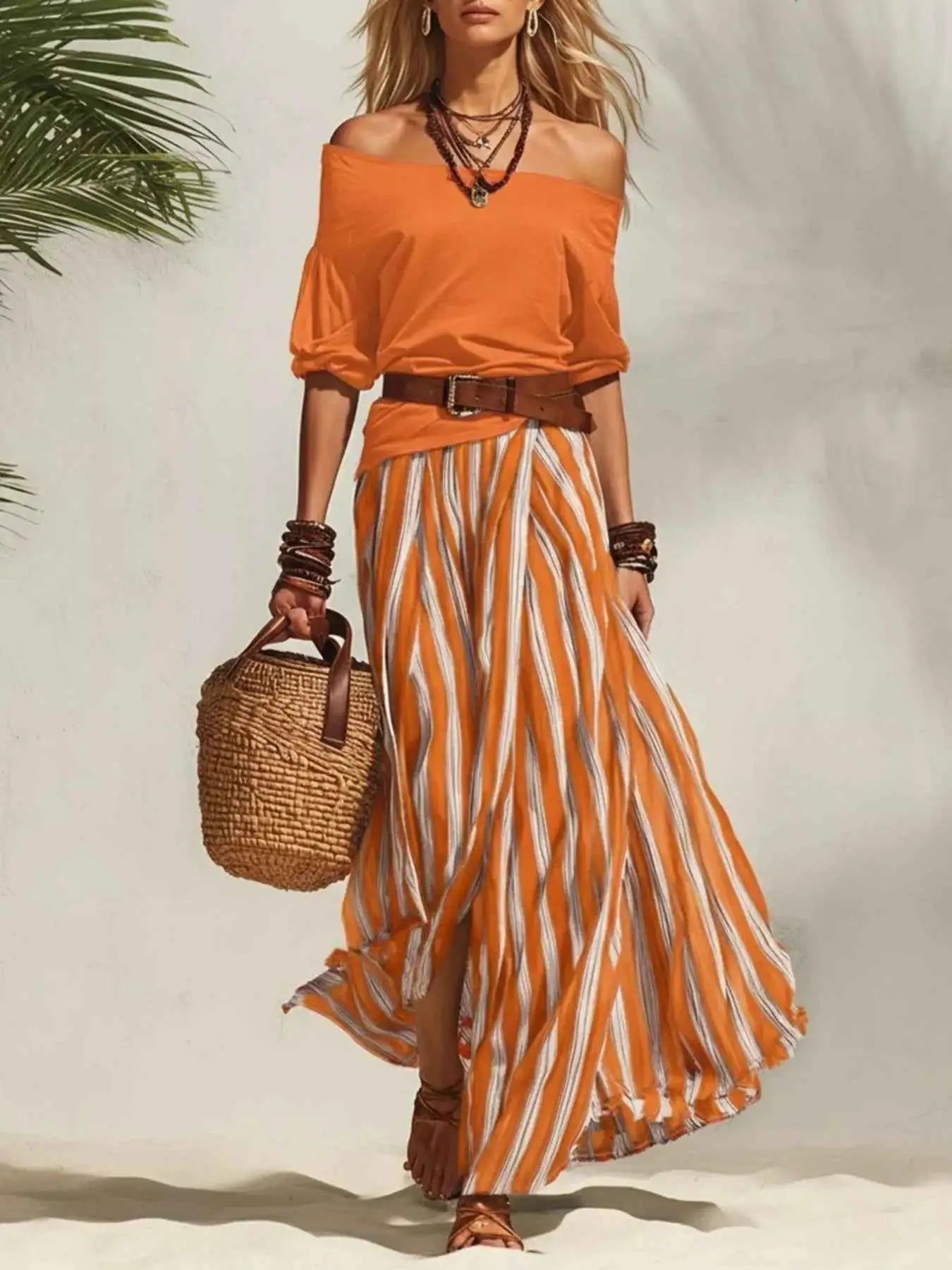 Off Shoulder Top and Striped Maxi Skirt Set with Belt