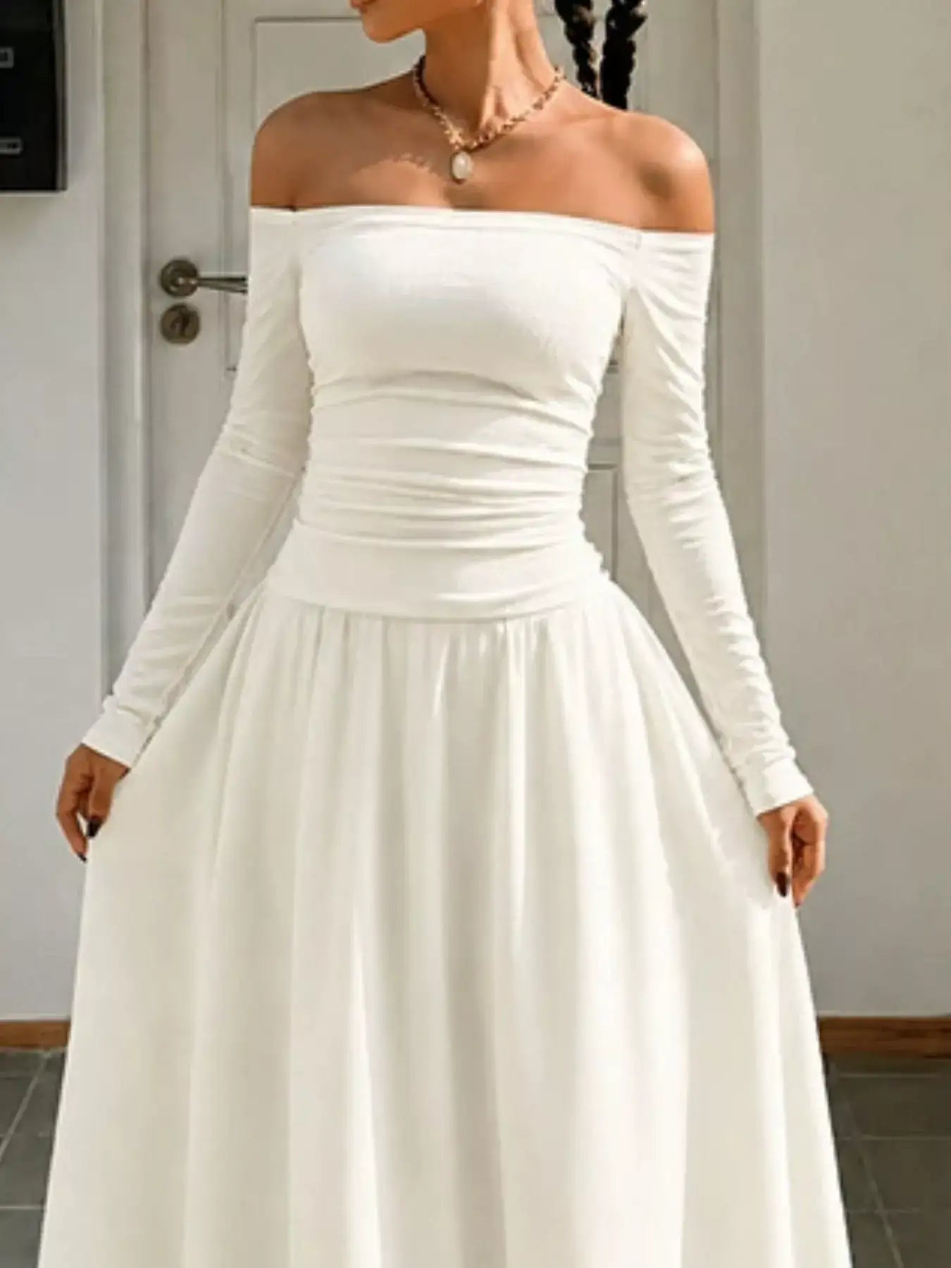 Off-the-Shoulder Ruched Maxi Dress – Neckline Detail