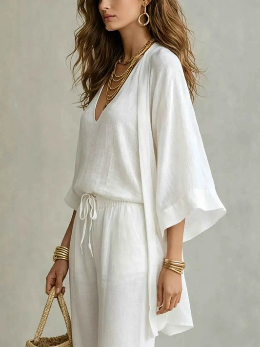V-Neck Top & Cardigan & Pants Three-Piece Set
