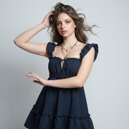 Square-Neck Tie-Front Ruffle Mini Dress – Front View | Celina Studio