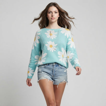 Angel Wings Daisy Print Openwork Round Neck Sweater