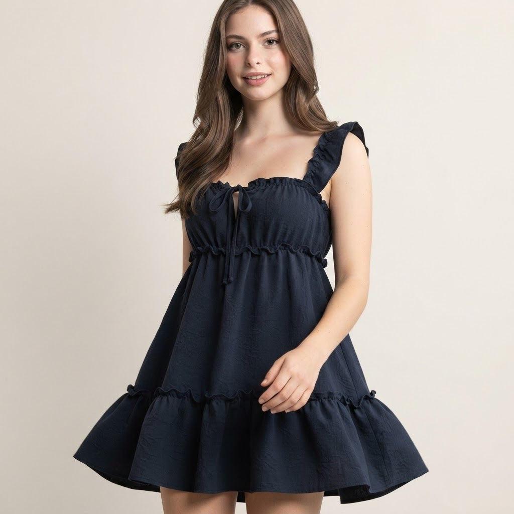 Square-Neck Tie-Front Ruffle Mini Dress – Color Option 1 | Celina Studio