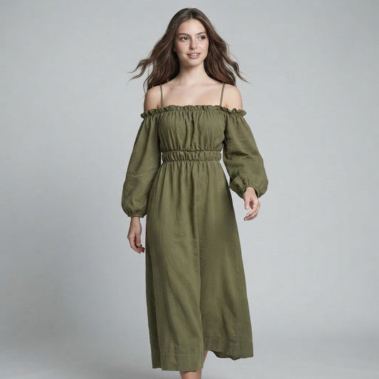 Woman modeling an olive green off-shoulder midi dress with balloon sleeves and smocked bodice, gray studio background.
