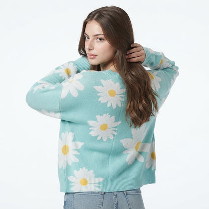 Angel Wings Daisy Print Openwork Round Neck Sweater