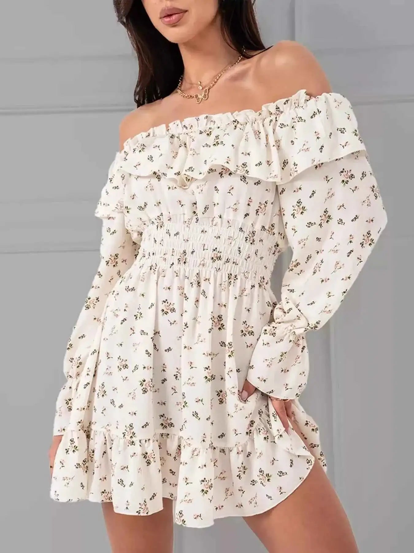 Off-Shoulder Floral Print Ruffle Dress