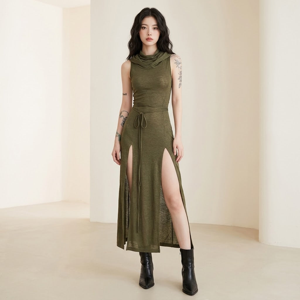 Edgy Hooded Split Maxi Dress | Sleeveless | Affordable Statement