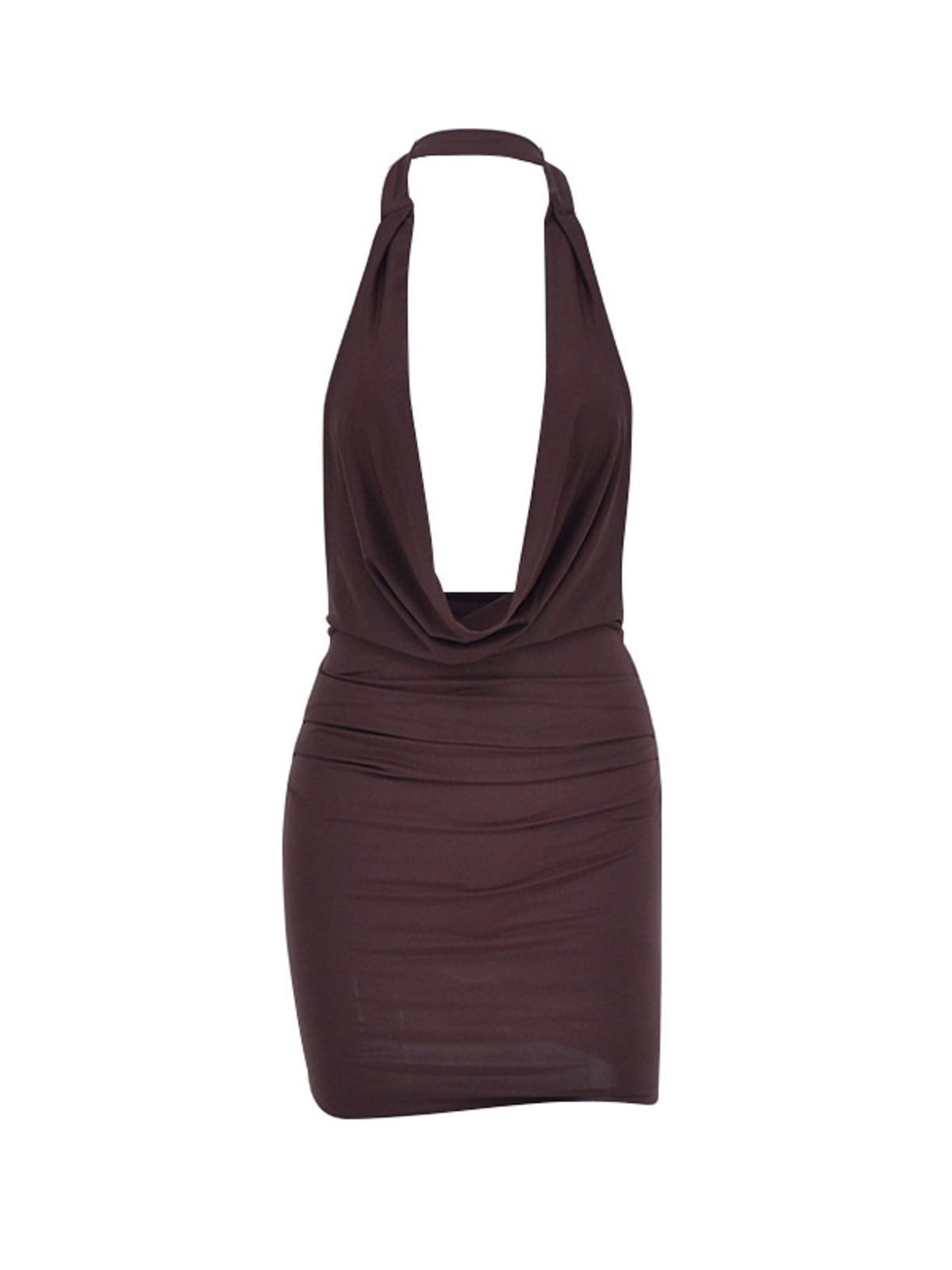 Halter Neck Ruched Mini Dress in Brown – Full Length Styling