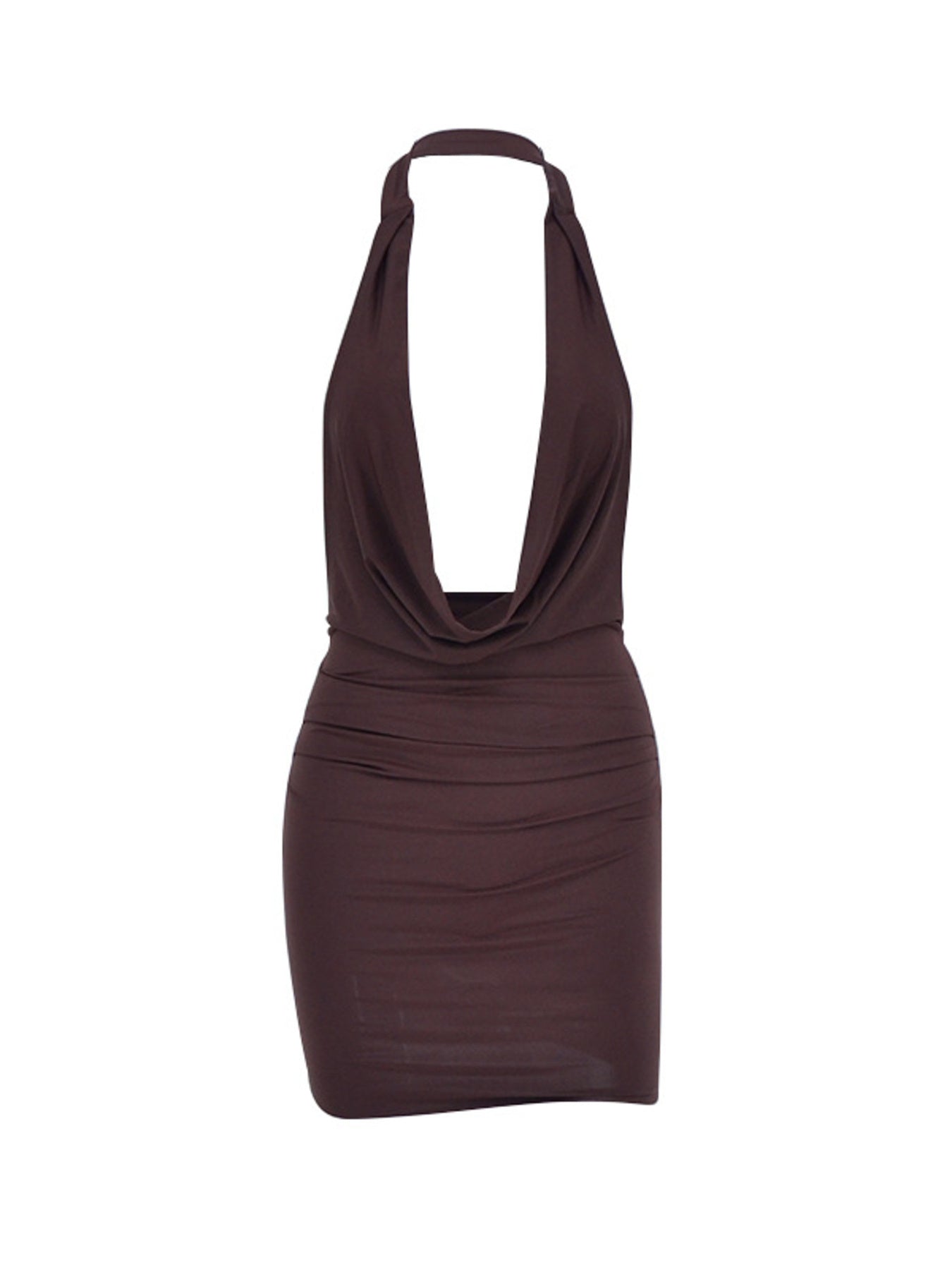 Halter Neck Ruched Mini Dress in Brown – Full Length Styling