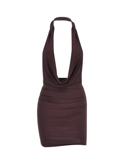 Halter Neck Ruched Mini Dress in Brown – Full Length Styling