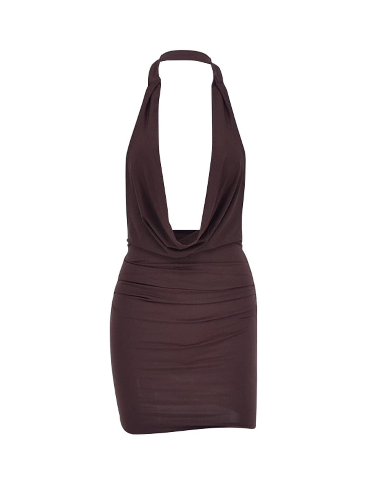 Flat-lay front view of a brown ruched halter-neck mini dress with cowl neckline, no model, plain light gray background.