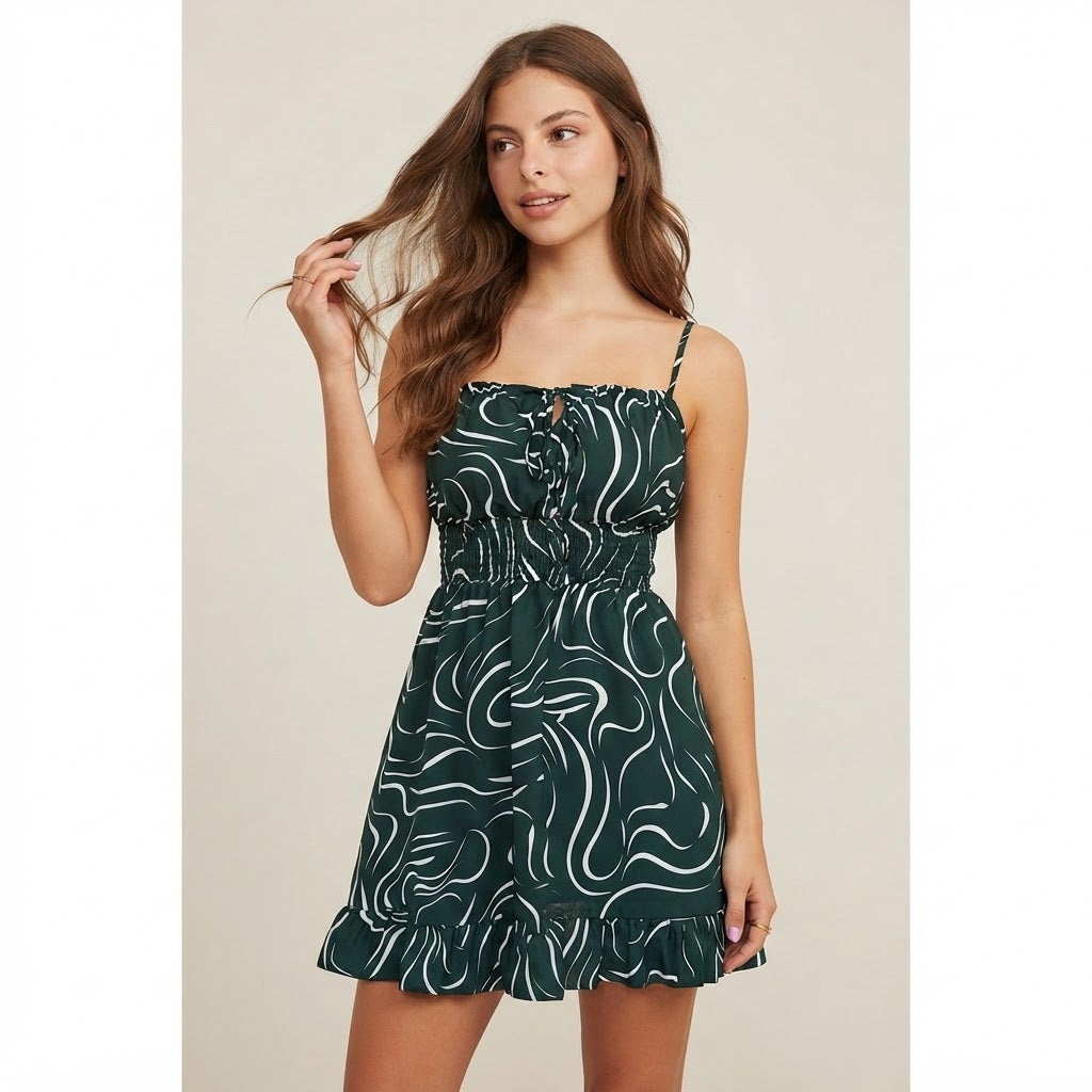 Ruffle Hem Abstract Print Mini Dress – Color Option Pink | Celina Studio