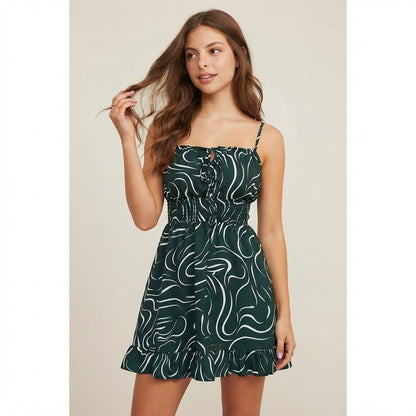Ruffle Hem Abstract Print Mini Dress – Color Option Pink | Celina Studio