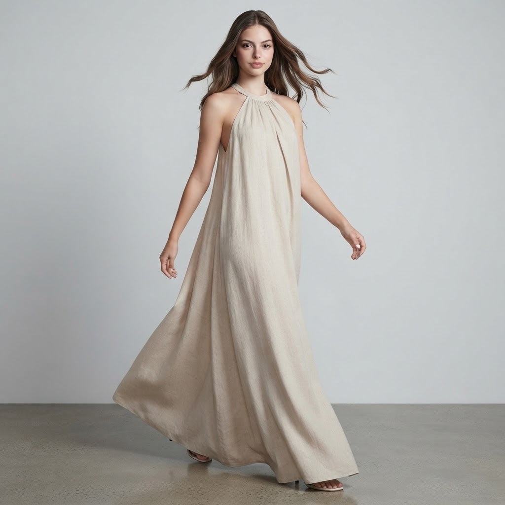 Ruched Halter-Neck Maxi Dress for Weddings & Occasions – Front View | Celina Studio