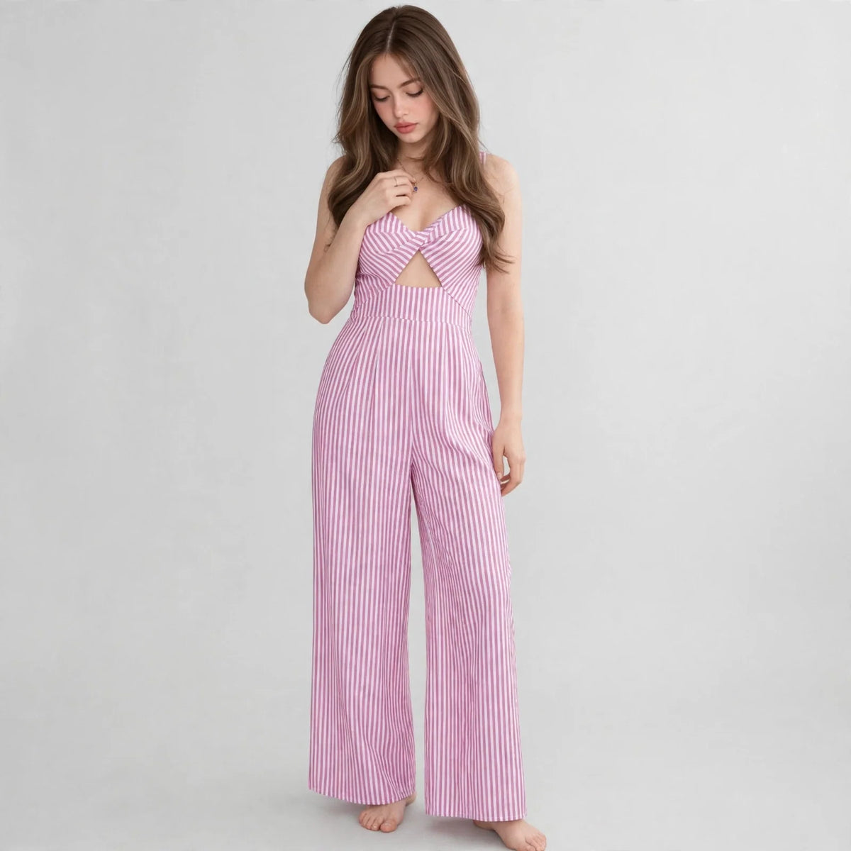 Light Green Striped cutout jumpsuit on model, studio shot