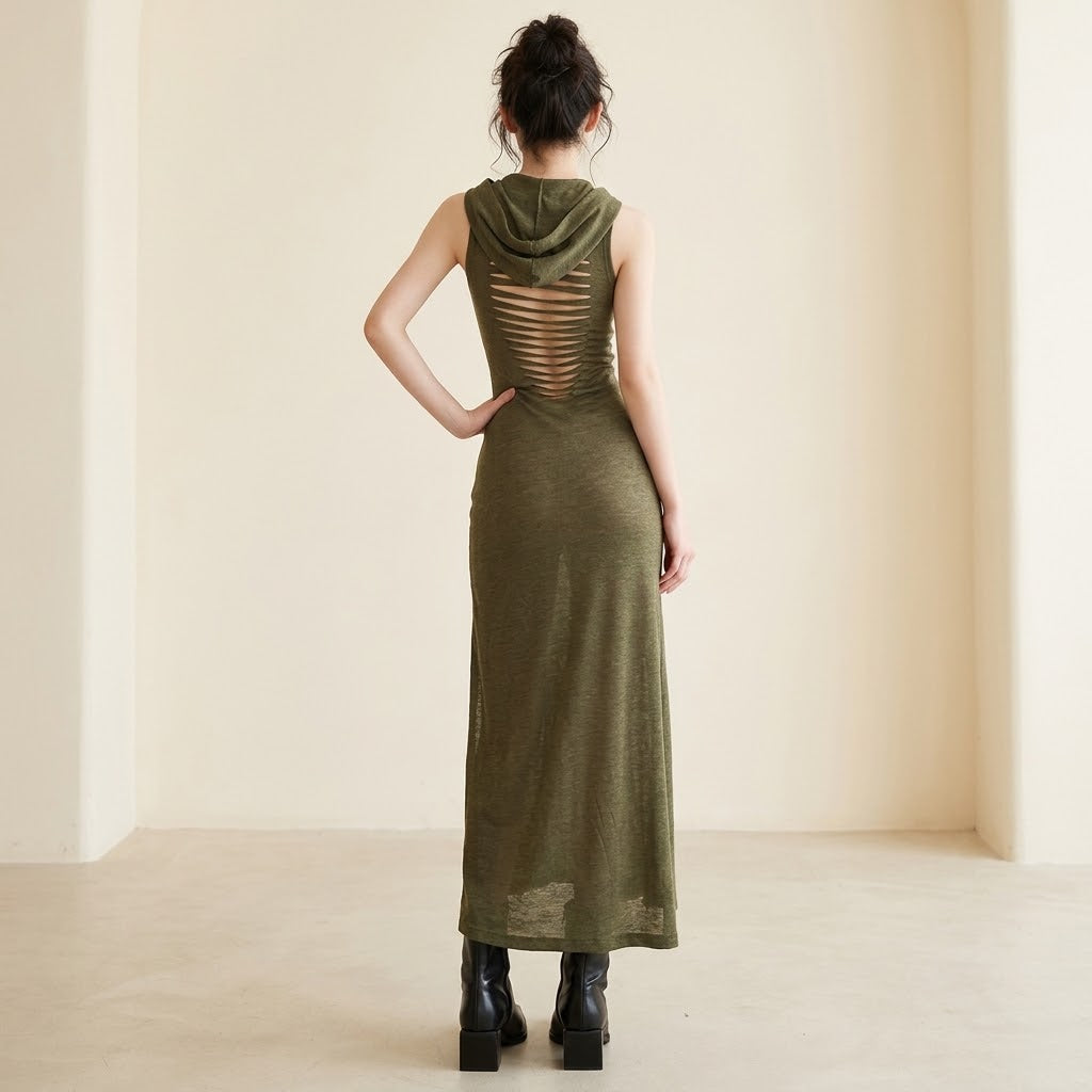 Edgy Hooded Split Maxi Dress | Sleeveless | Affordable Statement