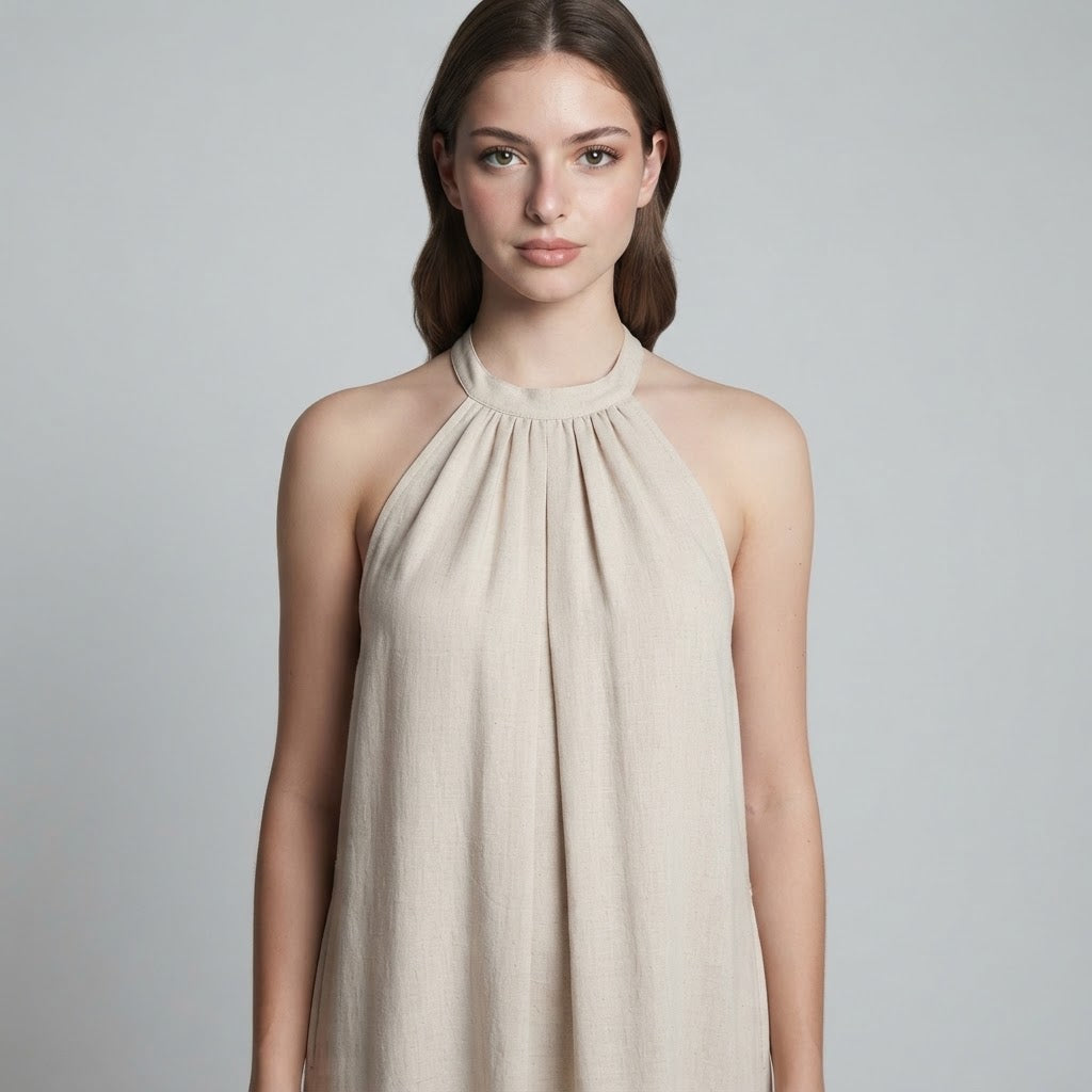 Ruched Halter-Neck Maxi Dress – Detail View | Celina Studio