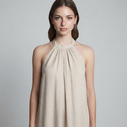 Ruched Halter-Neck Maxi Dress – Detail View | Celina Studio