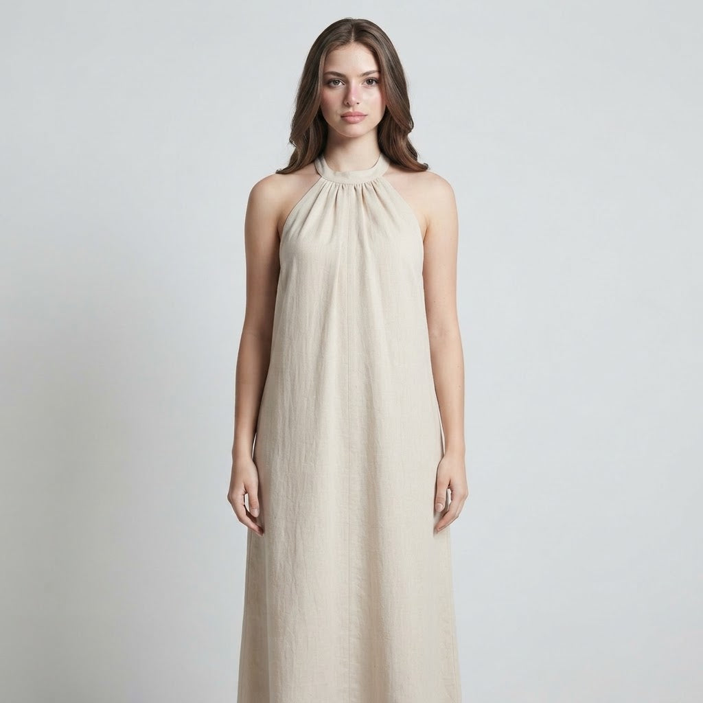 Ruched Halter-Neck Maxi Dress – Back View | Celina Studio