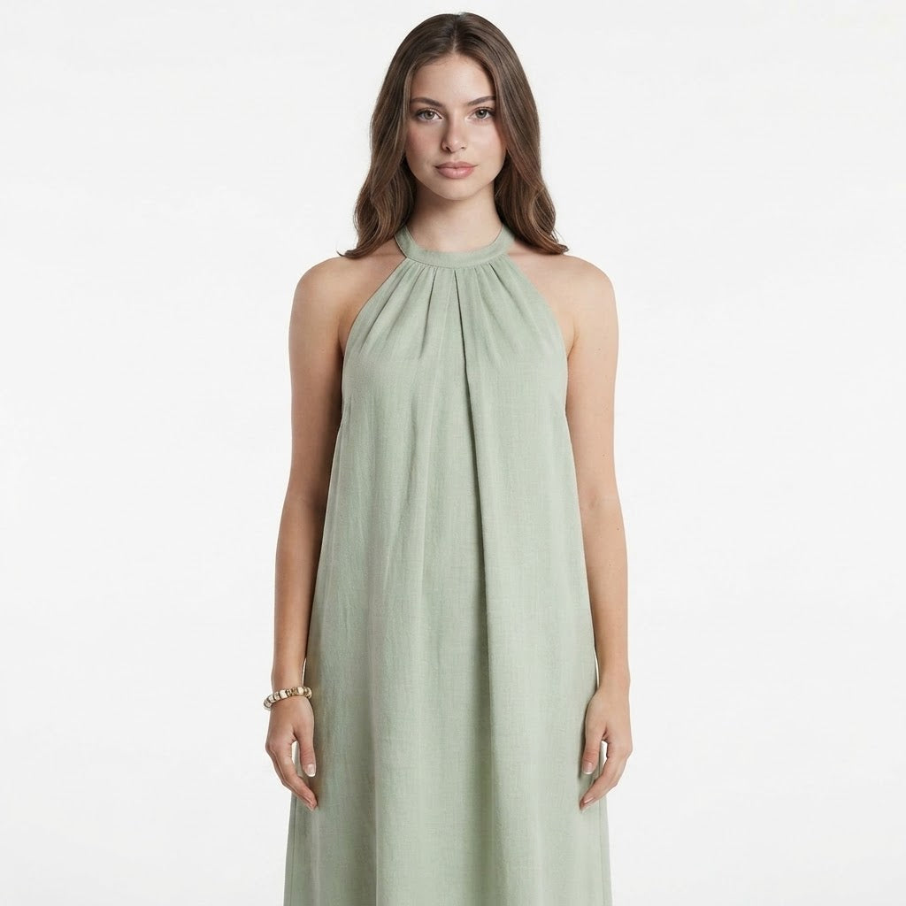 Ruched Halter-Neck Maxi Dress – Product Image | Celina Studio