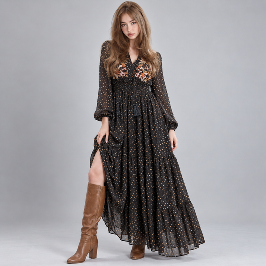 Embroidered Polka Dot Tie Neck Long Sleeve Midi Dress – Front View | Celina Studio