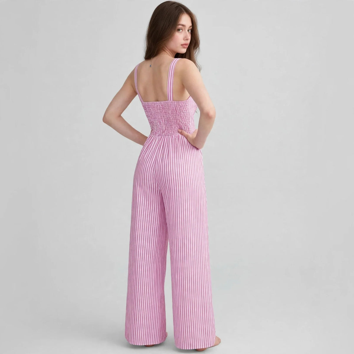 Light Green Striped cutout jumpsuit on model, back view