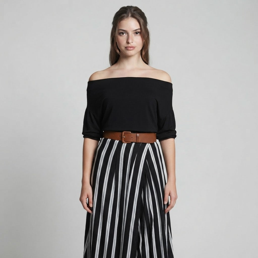 Off-Shoulder Top and Striped Maxi Skirt Set with Belt – Front View | Celina Studio