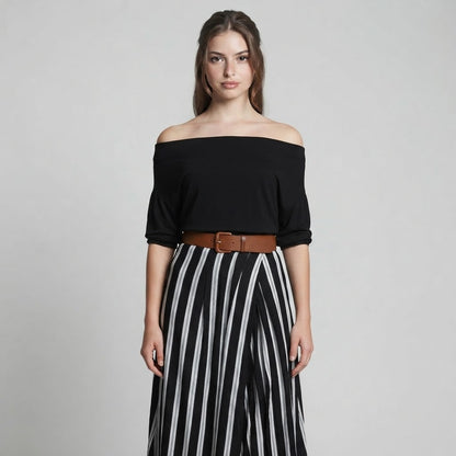 Off-Shoulder Top and Striped Maxi Skirt Set with Belt – Front View | Celina Studio