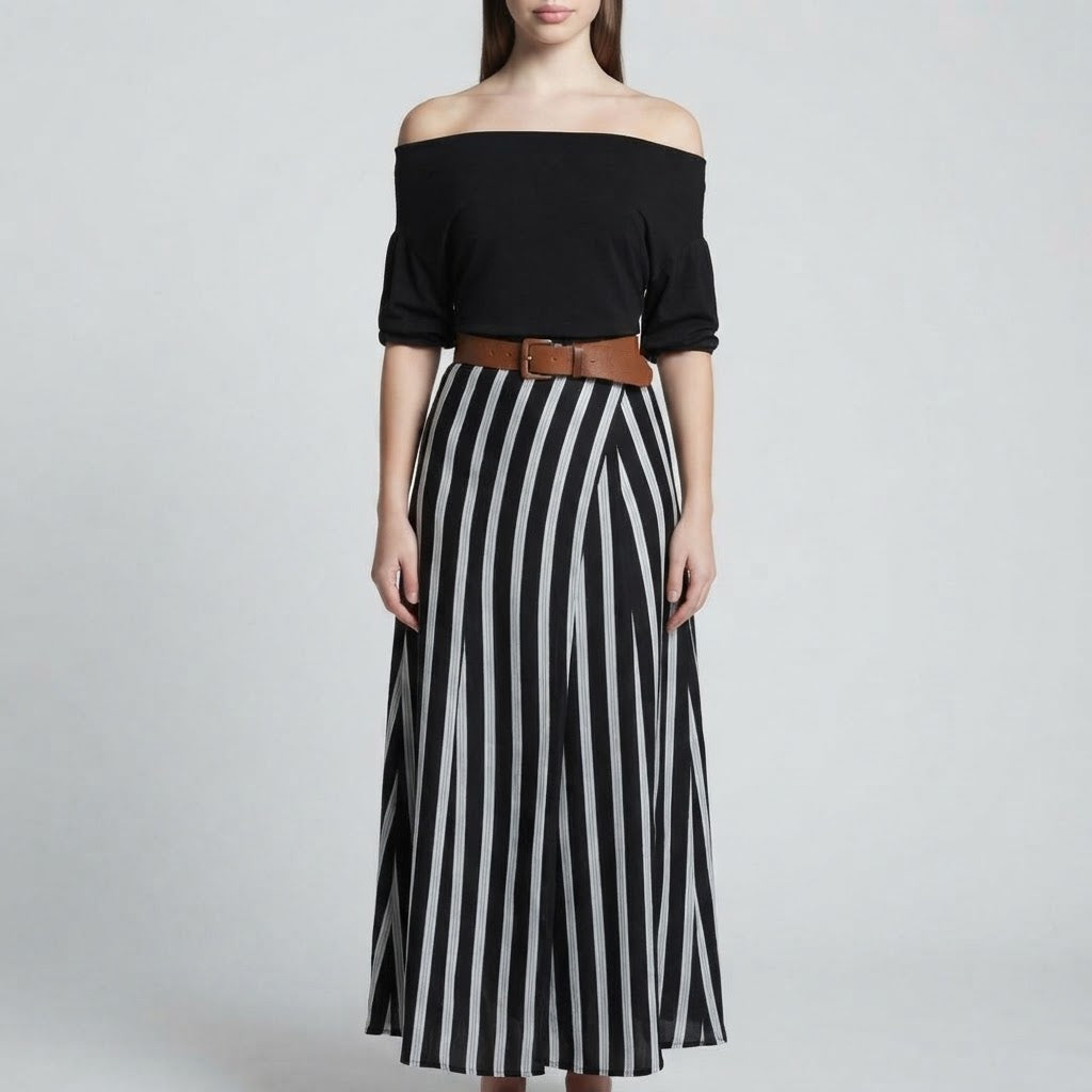 Off-Shoulder Top and Striped Maxi Skirt Set – Color Option | Celina Studio