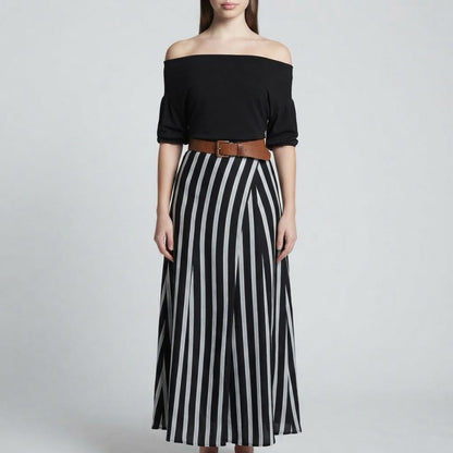 Off-Shoulder Top and Striped Maxi Skirt Set – Color Option | Celina Studio