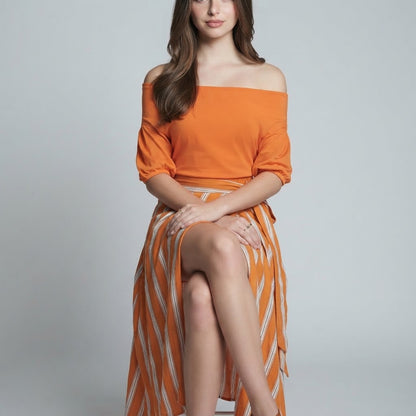 Off-Shoulder Top and Striped Maxi Skirt Set – Product Image | Celina Studio