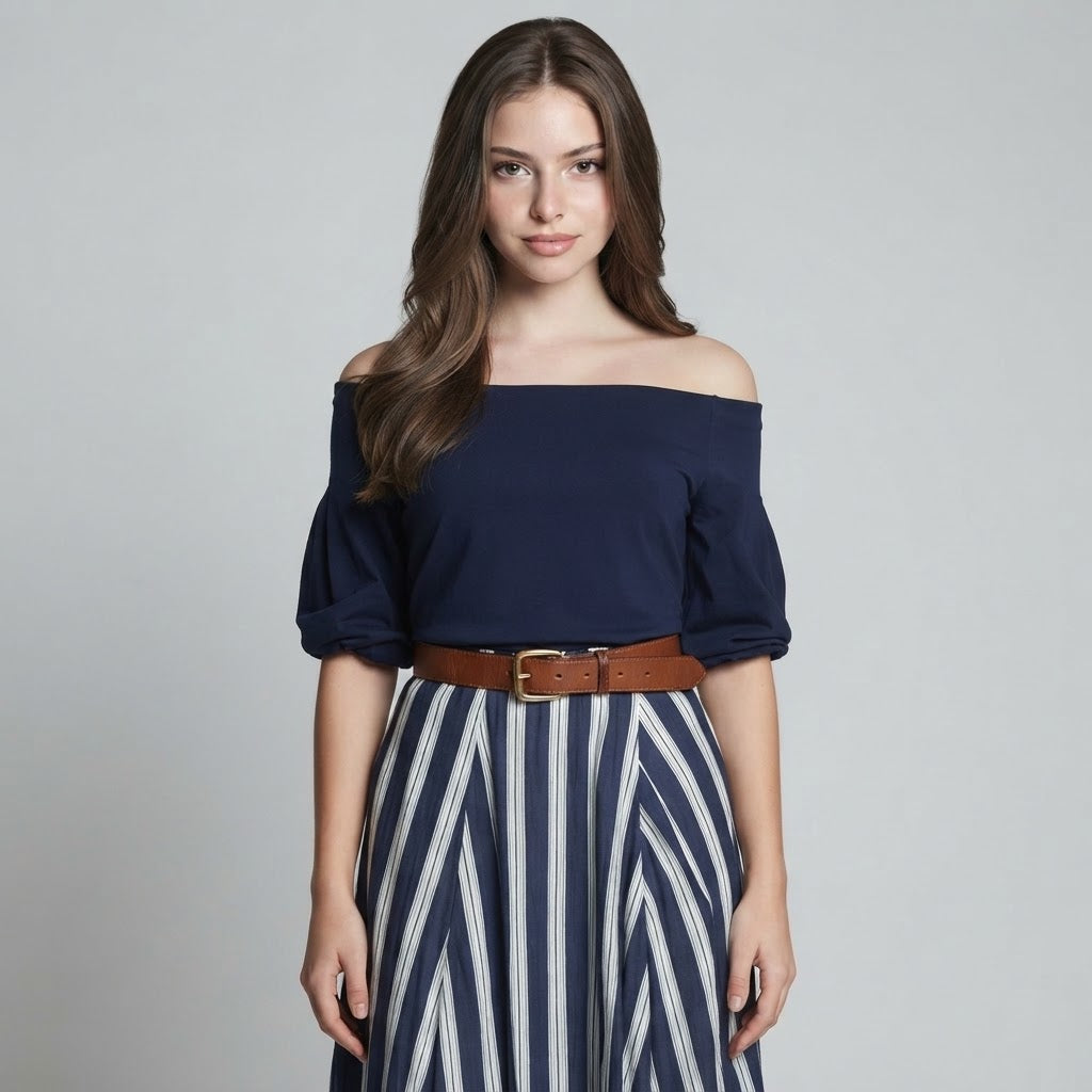 Off-Shoulder Top and Striped Maxi Skirt Set – Front View | Celina Studio