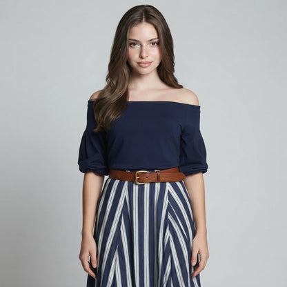 Off-Shoulder Top and Striped Maxi Skirt Set – Front View | Celina Studio
