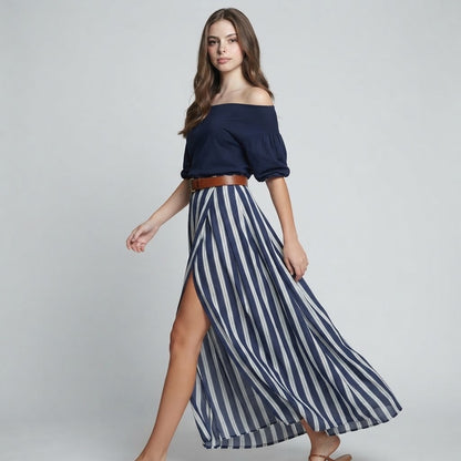 Off-Shoulder Top and Striped Maxi Skirt Set – Side View | Celina Studio