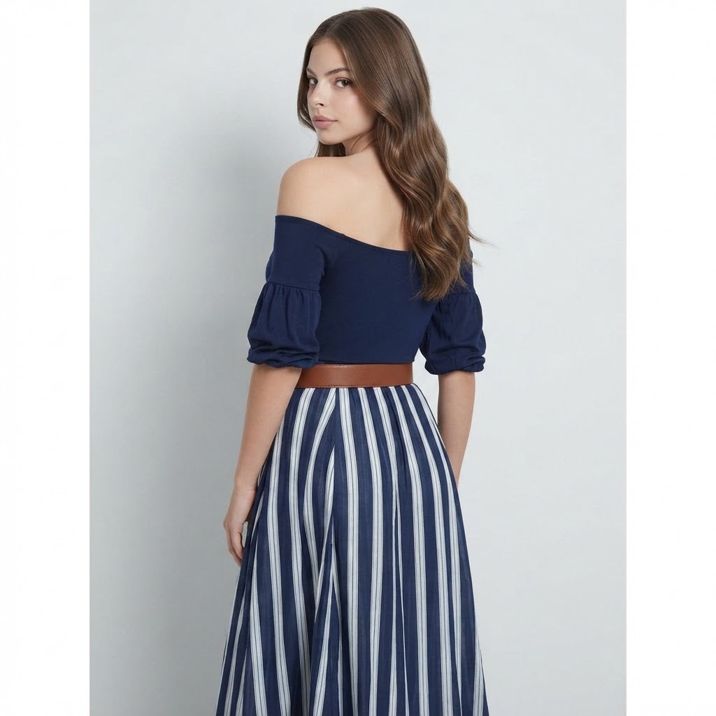 Off-Shoulder Top and Striped Maxi Skirt Set – Back View | Celina Studio