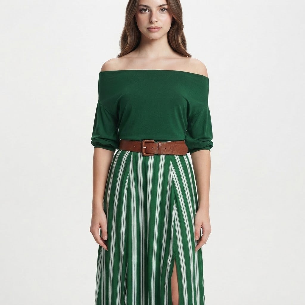 Off-Shoulder Top and Striped Maxi Skirt Set – Product Image | Celina Studio