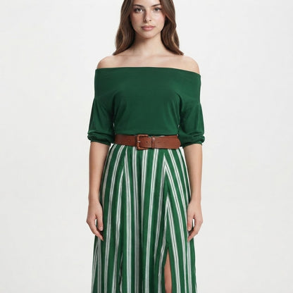 Off-Shoulder Top and Striped Maxi Skirt Set – Product Image | Celina Studio
