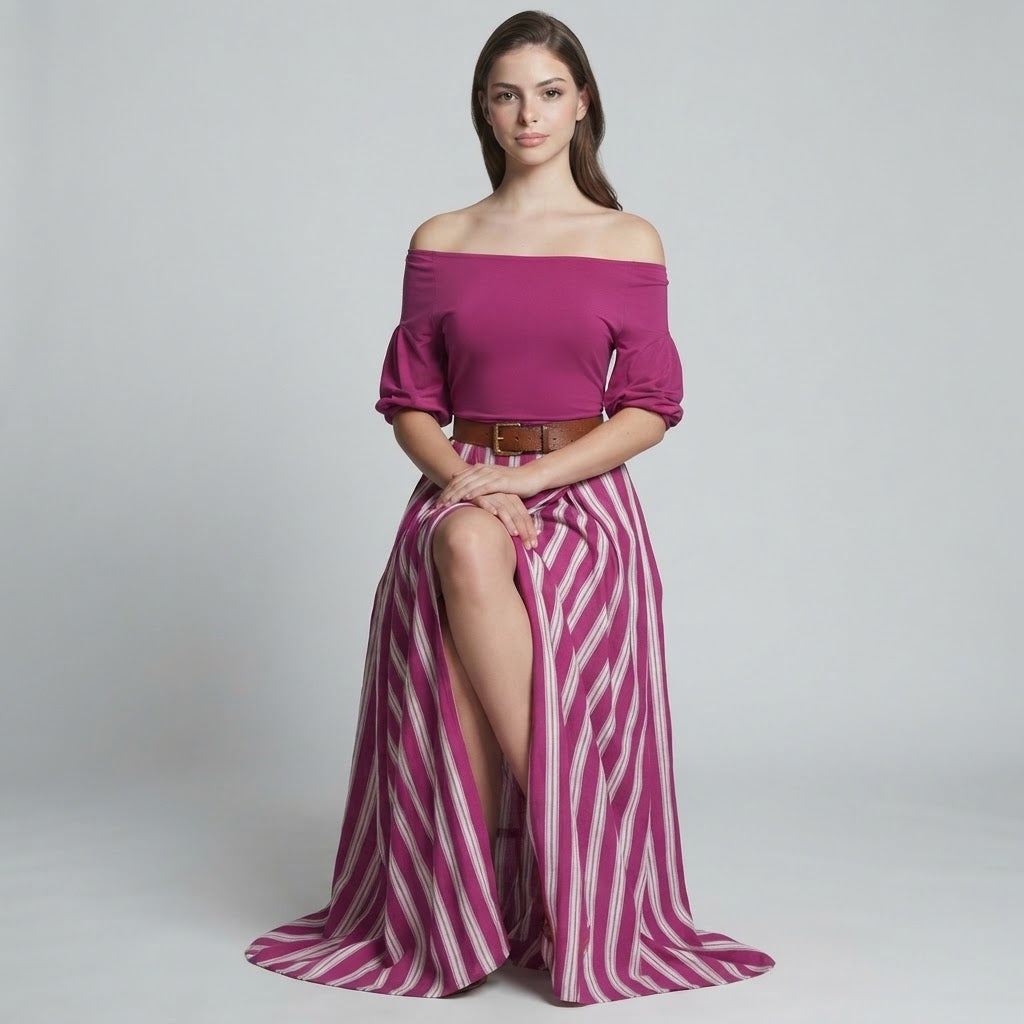 Off-Shoulder Top and Striped Maxi Skirt Set – Product Image | Celina Studio