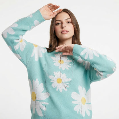 Angel Wings Daisy Print Openwork Round Neck Sweater