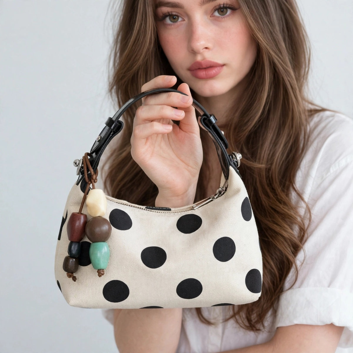 Women's White Polka-Dot Leather Handbag